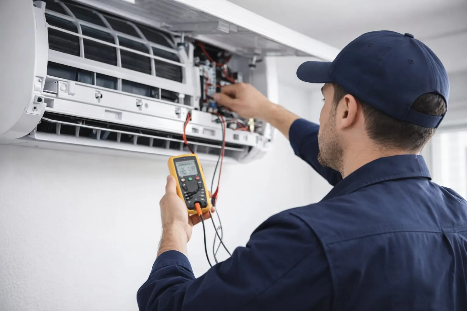 Técnico de climatización realizando mantenimiento de un sistema de aire acondicionado Técnico de climatización realizando mantenimiento de un sistema de aire acondicionado