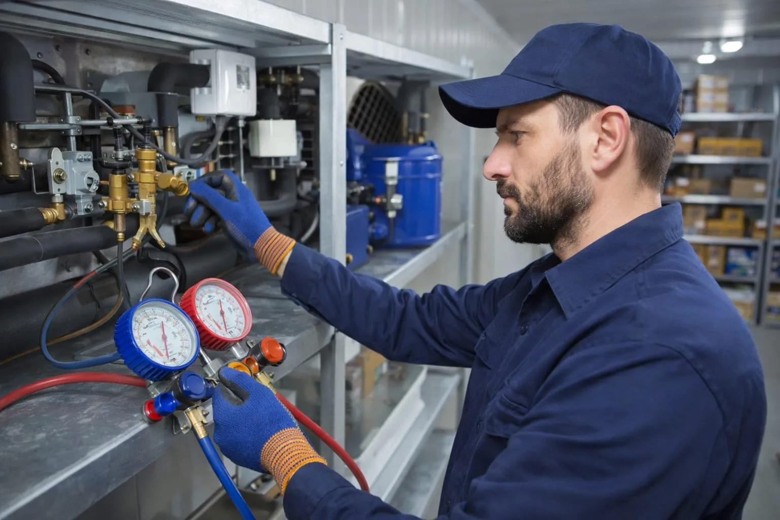 Frigorista realizando mantenimiento en una cámara frigorífica industrial