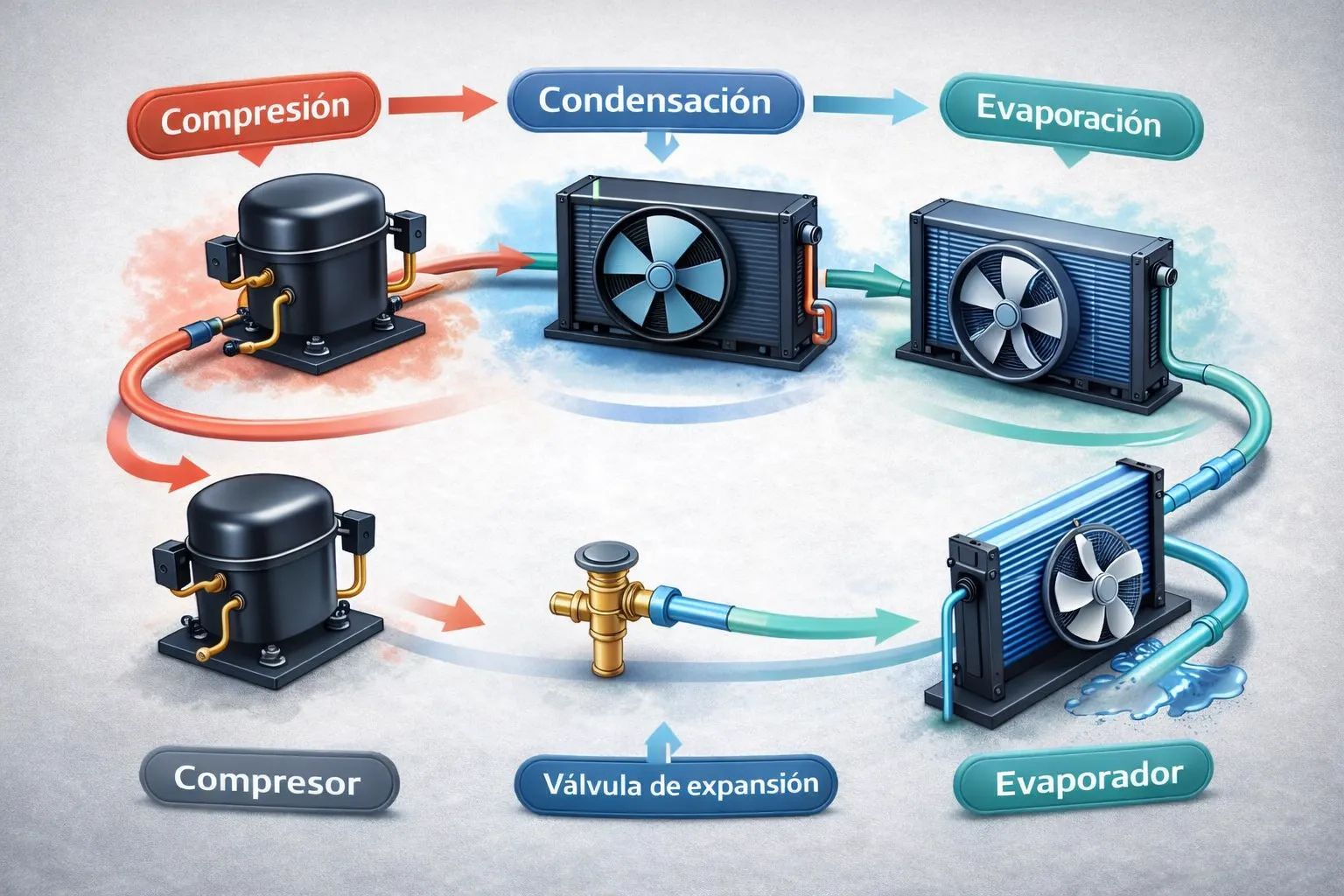 Diagrama del ciclo frigorífico con compresor, condensador, válvula de expansión y evaporador