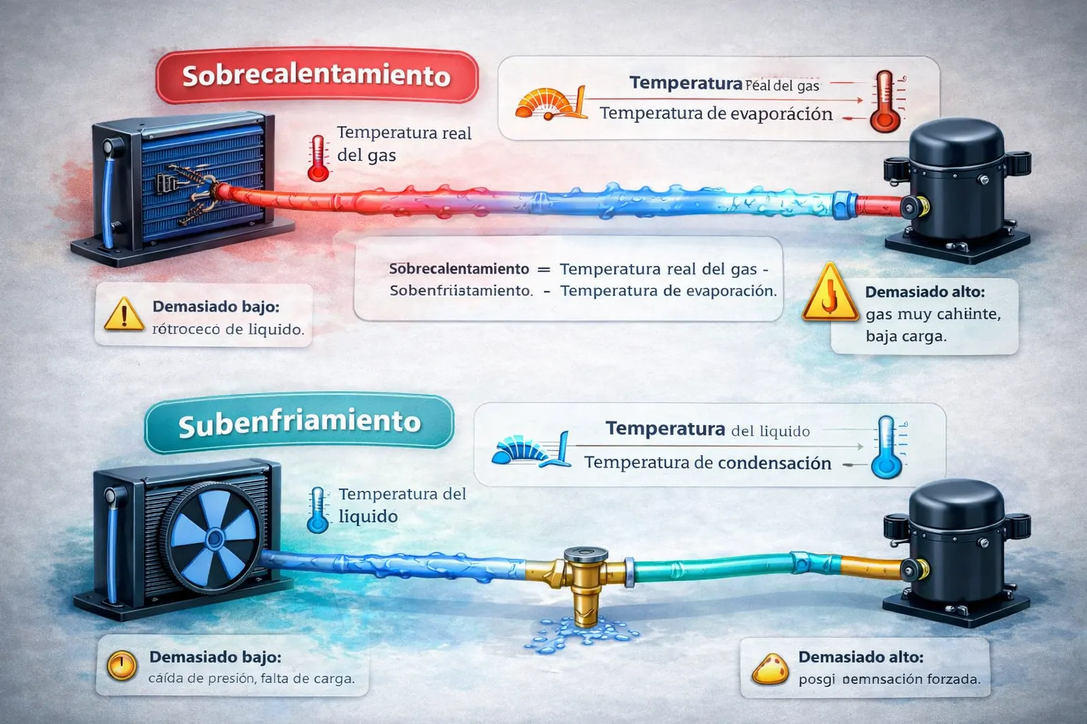 Esquema educativo de sobrecalentamiento y subenfriamiento en refrigeración