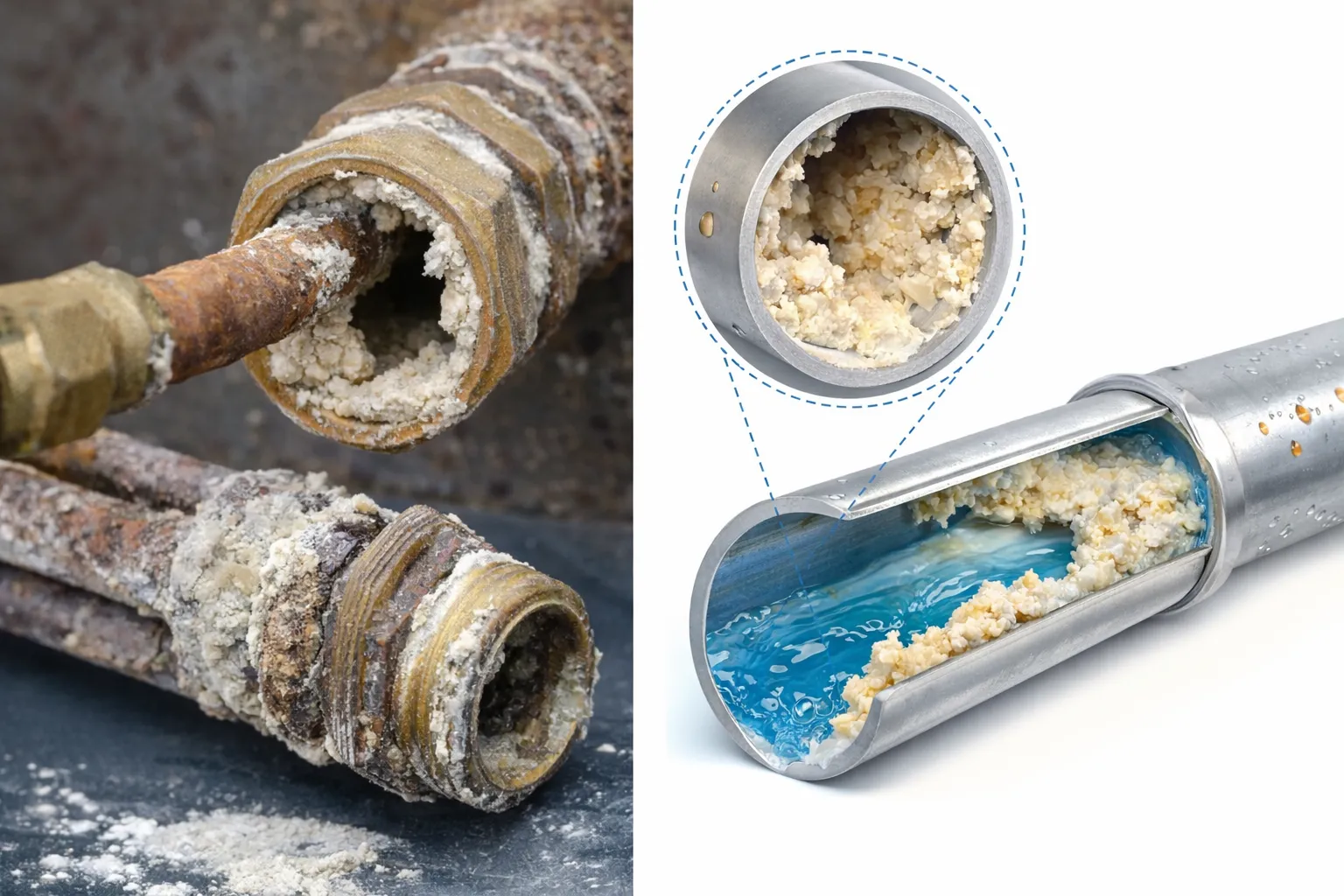 Cal acumulada en tuberías y sección de tubería con incrustaciones que reducen el paso de agua