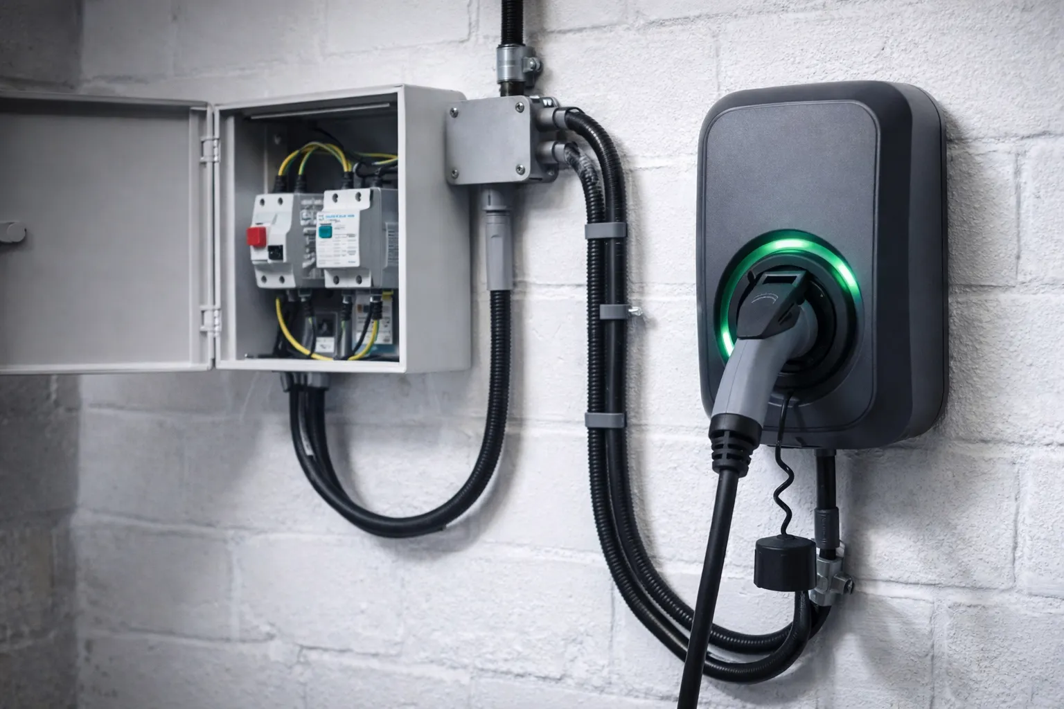 Punto de recarga para coche eléctrico instalado en pared con protecciones eléctricas en cuadro cercano