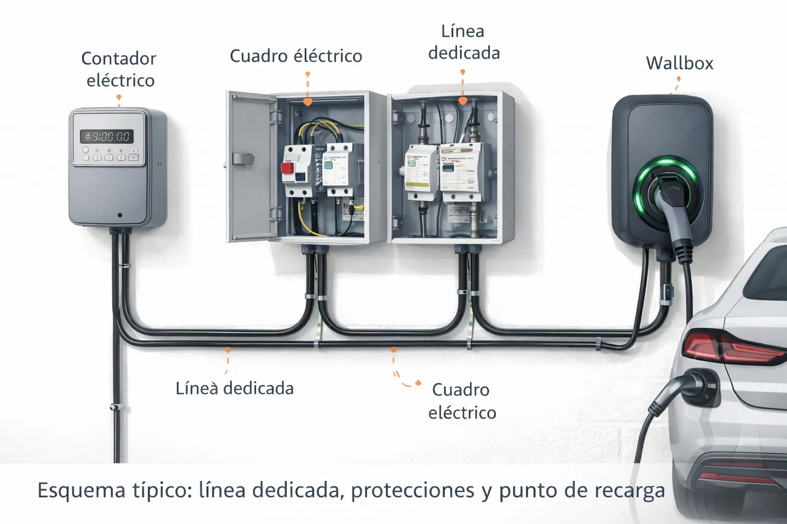 Esquema de instalación de punto de recarga: contador, cuadro, protecciones, línea dedicada y wallbox