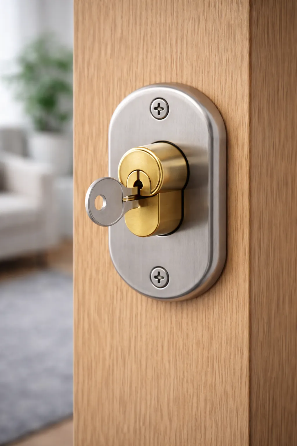 Esquema de puerta con cerradura, bombín, escudo protector y puntos de cierre principales