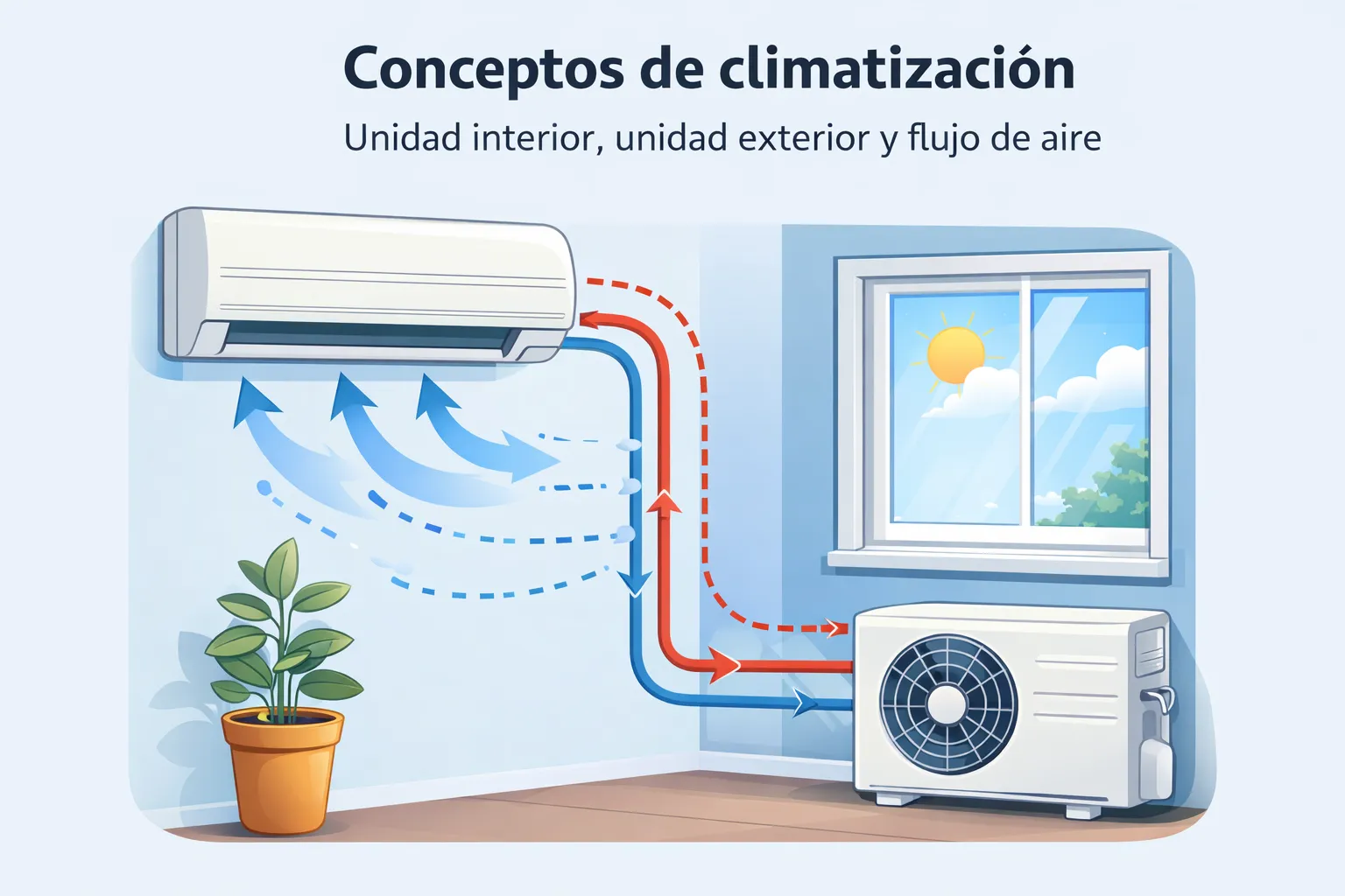 Sistema de climatización doméstico: unidad interior, unidad exterior y flujo de aire