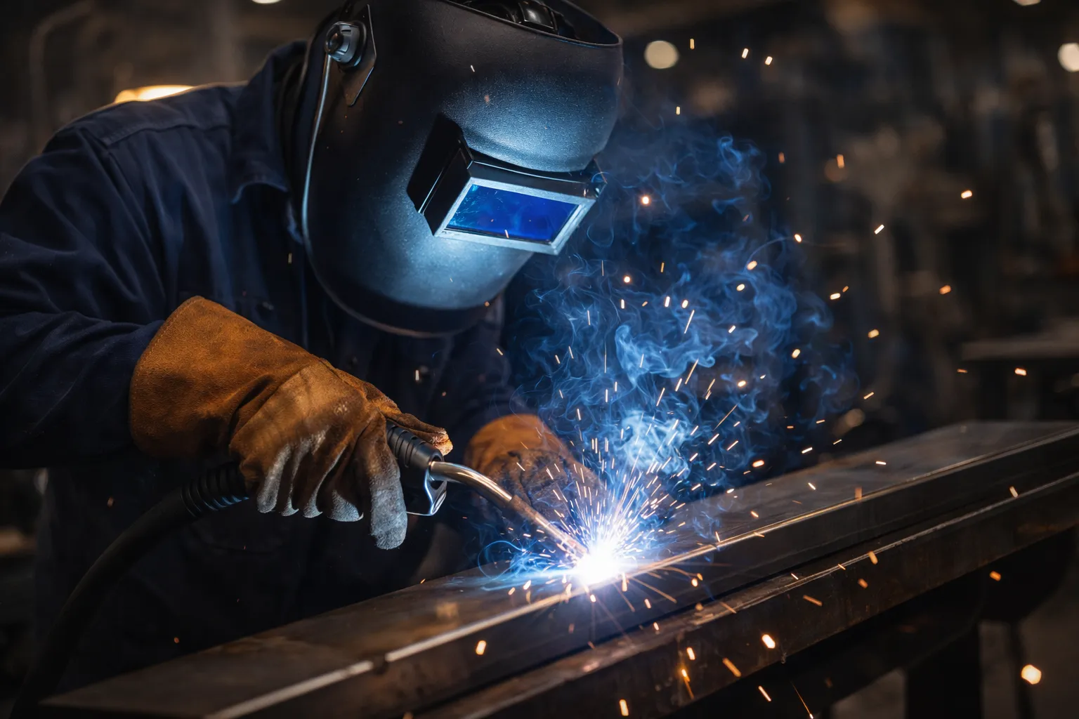 Soldador profesional trabajando con máscara protectora y arco eléctrico