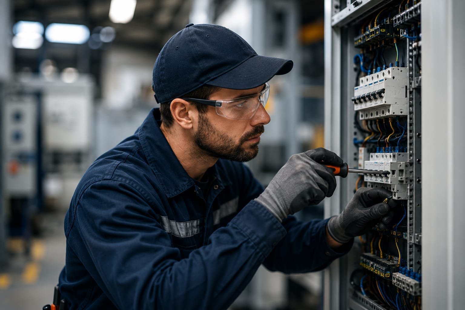 Electricista profesional trabajando en un cuadro eléctrico industrial