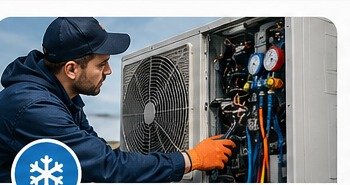 Técnico frigorista realizando mantenimiento de aire acondicionado